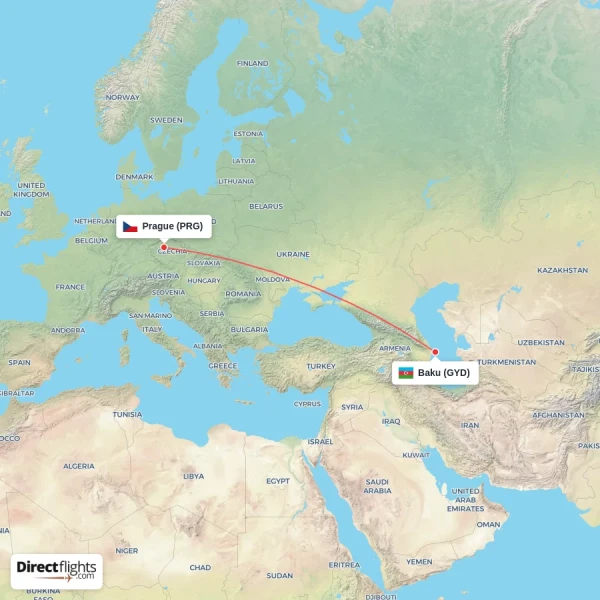 Baku - Prague direct flight map