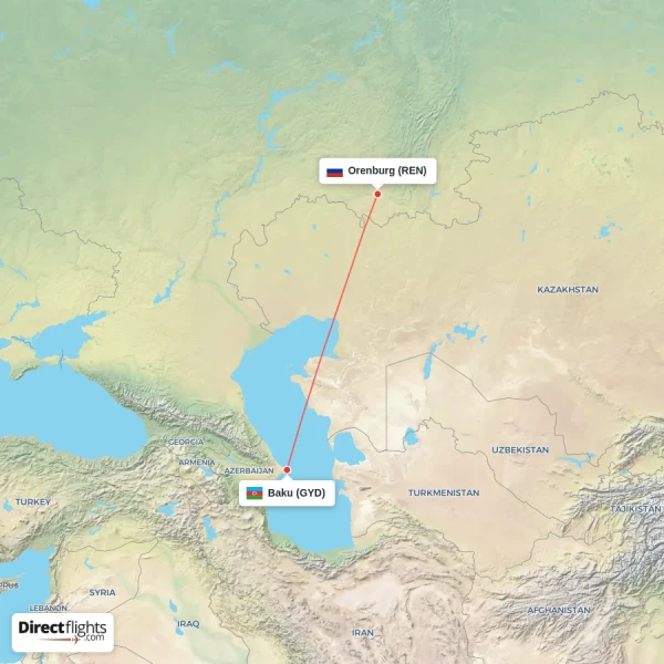 Baku - Orenburg direct flight map