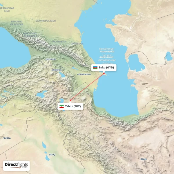 Baku - Tabriz direct flight map