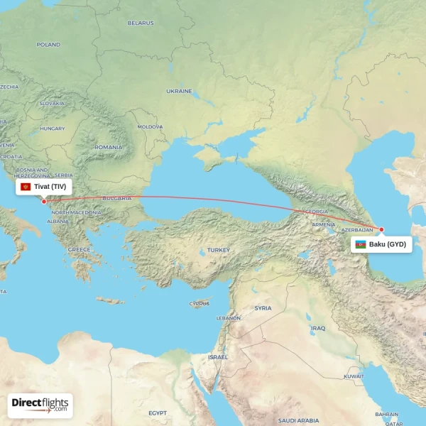 Baku - Tivat direct flight map