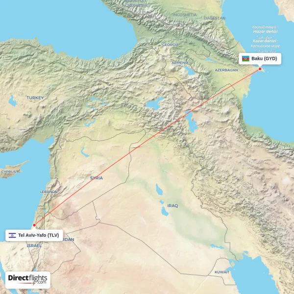 Baku - Tel Aviv-Yafo direct flight map