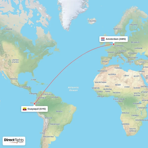 Guayaquil - Amsterdam direct flight map