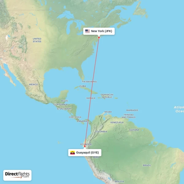 Guayaquil - New York direct flight map