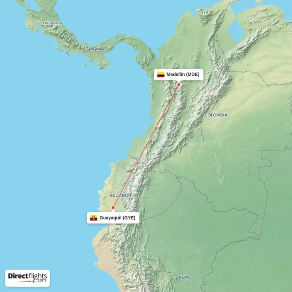 Guayaquil - Medellin direct flight map