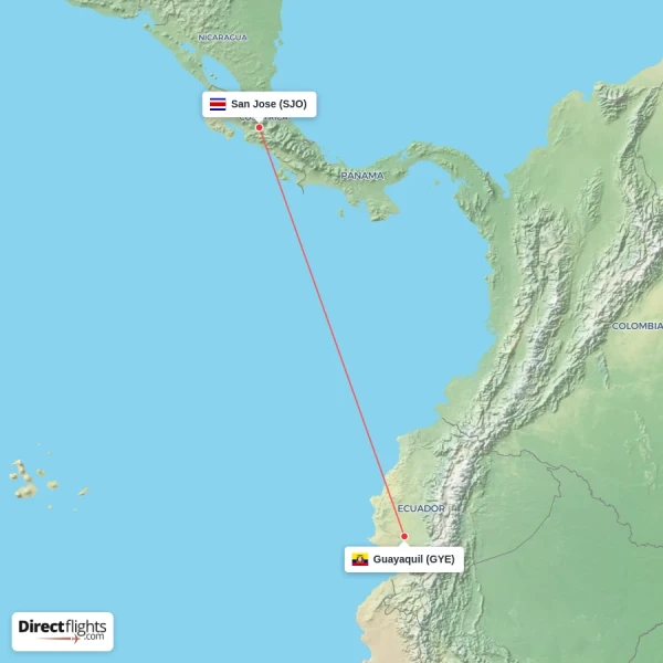 Guayaquil - San Jose direct flight map