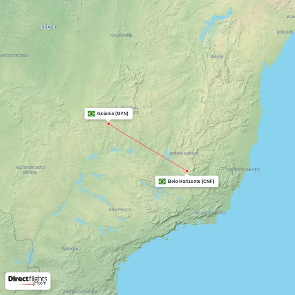 Goiania - Belo Horizonte direct flight map