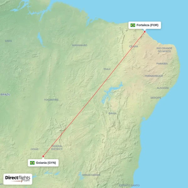 Goiania - Fortaleza direct flight map