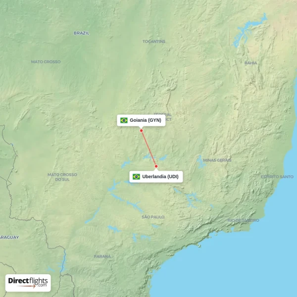 Goiania - Uberlandia direct flight map