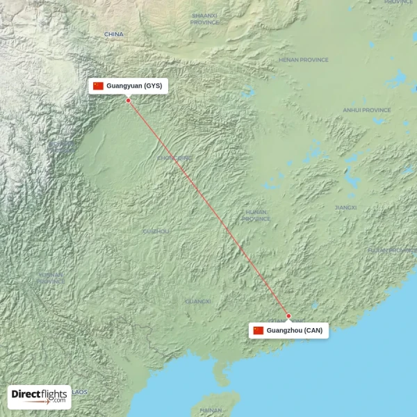 Guangyuan - Guangzhou direct flight map
