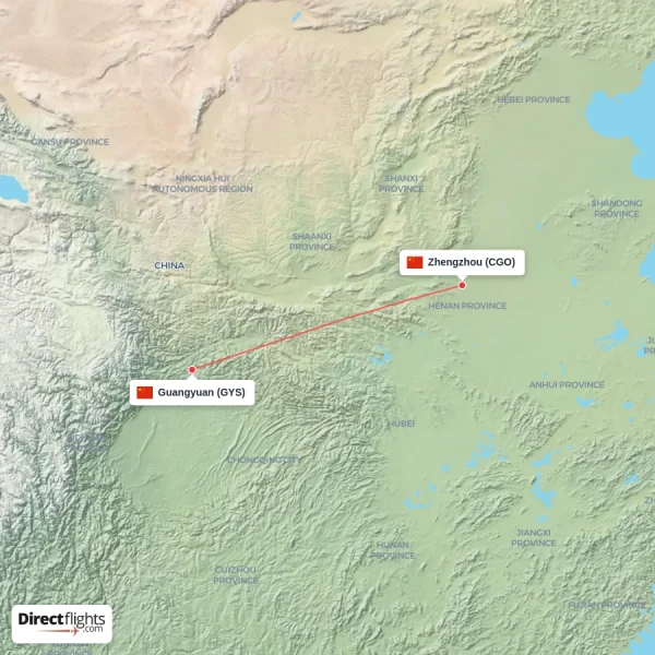 Guangyuan - Zhengzhou direct flight map