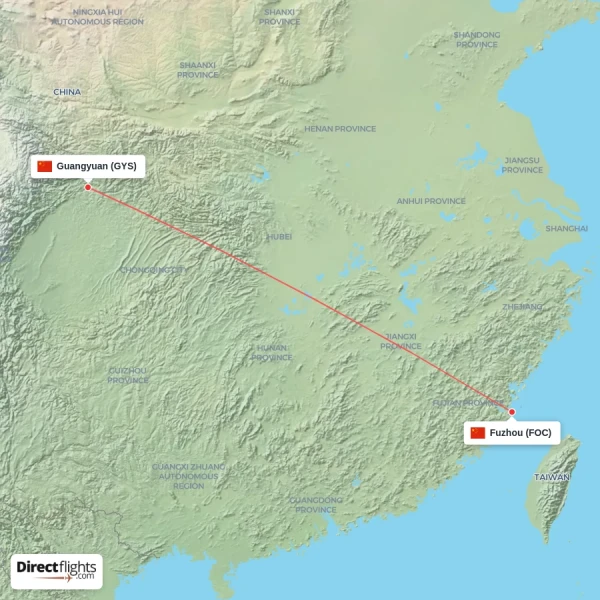 Guangyuan - Fuzhou direct flight map