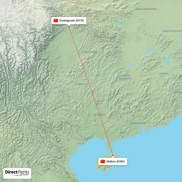 Guangyuan - Haikou direct flight map