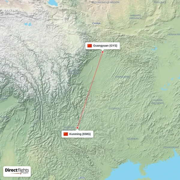 Guangyuan - Kunming direct flight map
