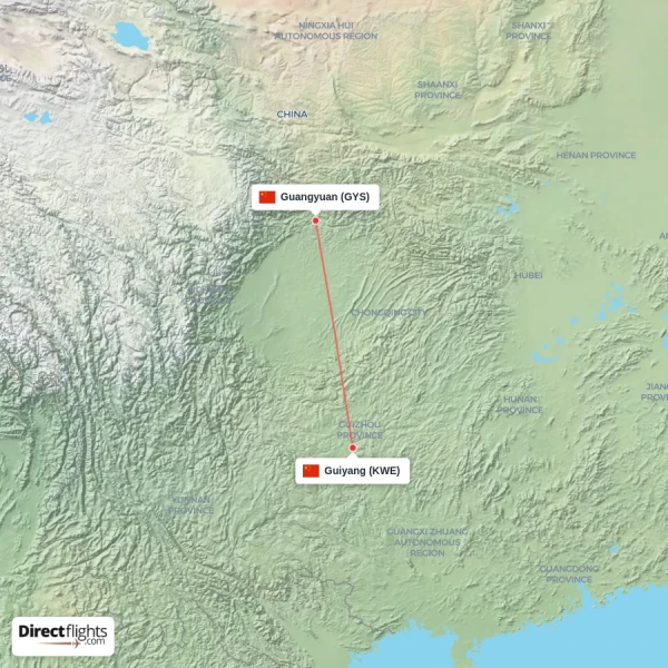 Guangyuan - Guiyang direct flight map
