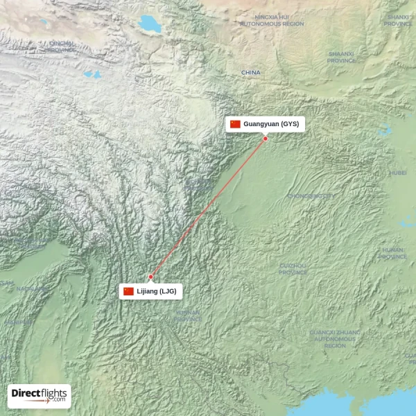 Guangyuan - Lijiang direct flight map