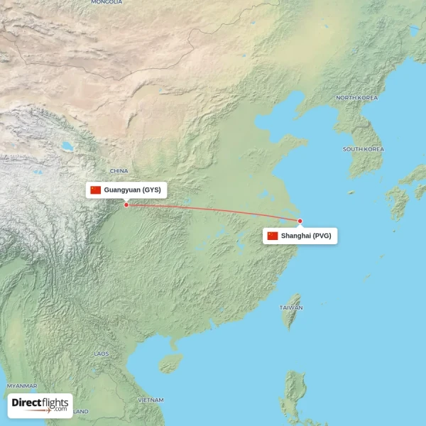 Guangyuan - Shanghai direct flight map