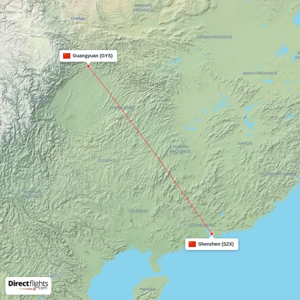 Guangyuan - Shenzhen direct flight map