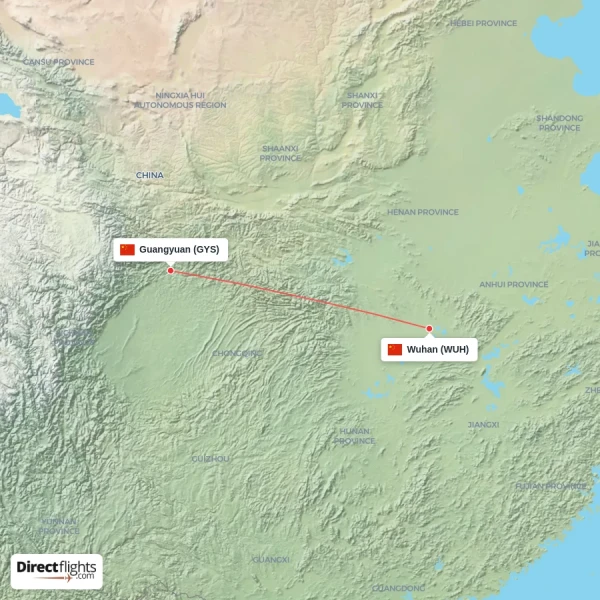 Guangyuan - Wuhan direct flight map