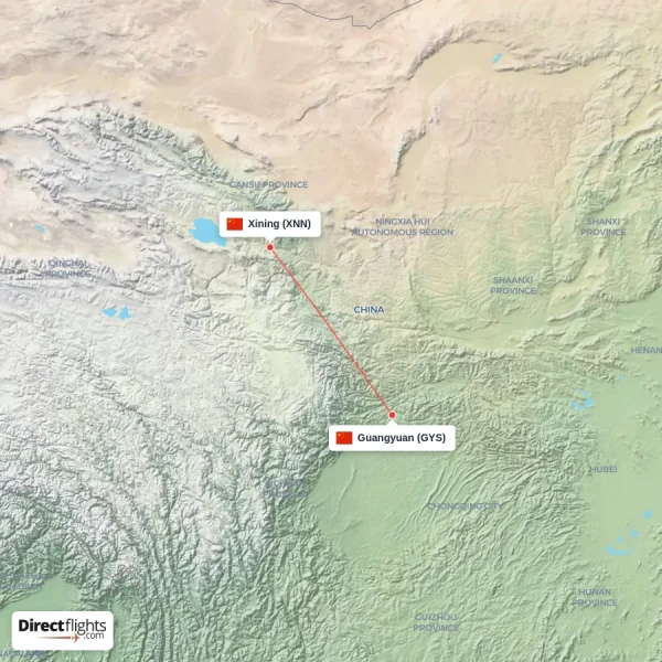 Guangyuan - Xining direct flight map