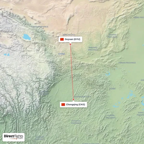 Guyuan - Chongqing direct flight map