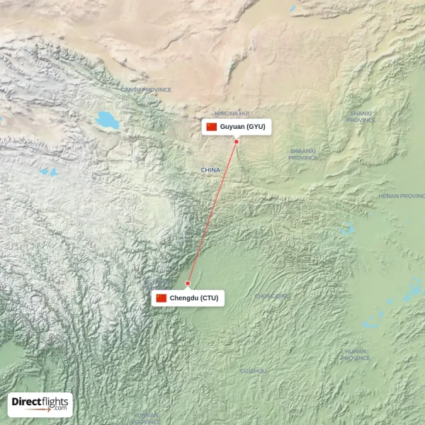 Guyuan - Chengdu direct flight map