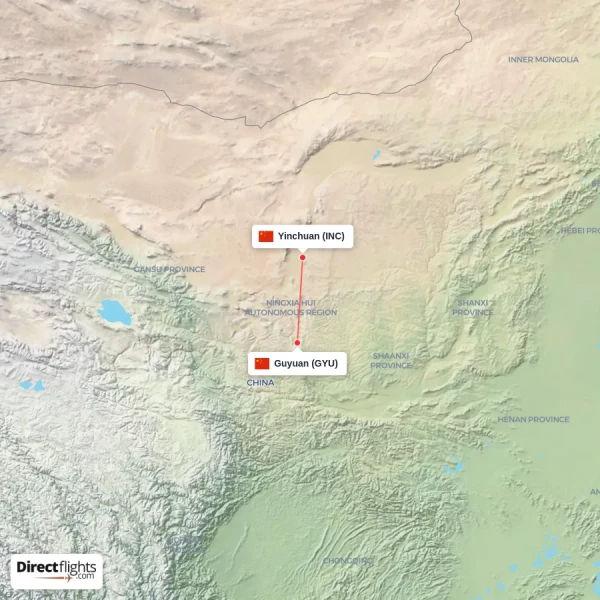 Guyuan - Yinchuan direct flight map