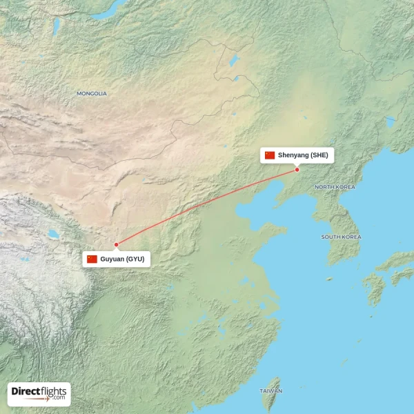 Guyuan - Shenyang direct flight map