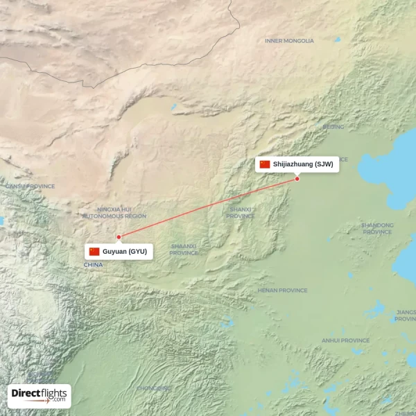 Guyuan - Shijiazhuang direct flight map