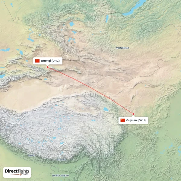 Guyuan - Urumqi direct flight map