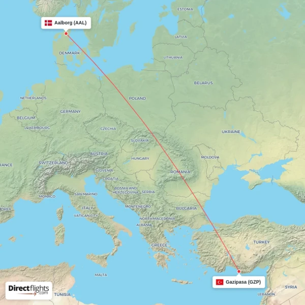 Gazipasa - Aalborg direct flight map