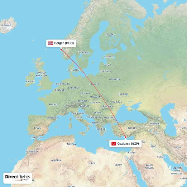 Gazipasa - Bergen direct flight map