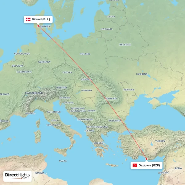 Gazipasa - Billund direct flight map