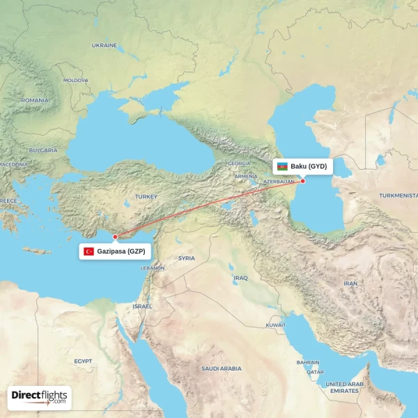 Gazipasa - Baku direct flight map