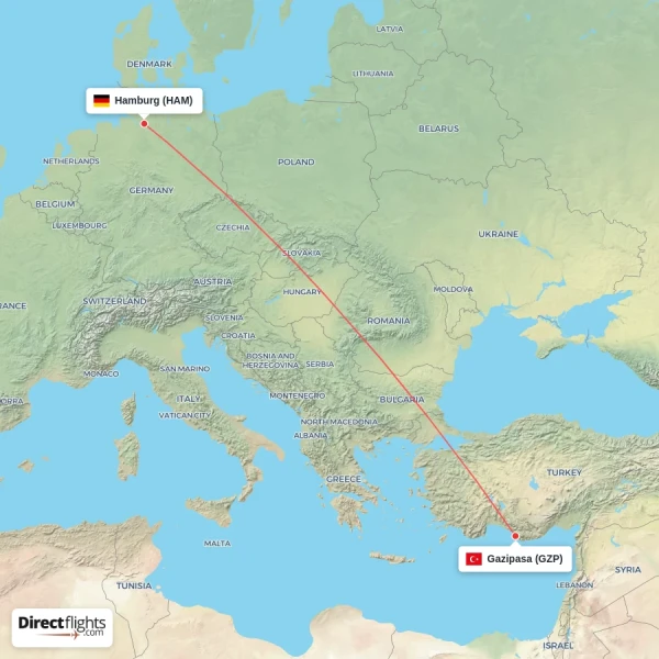 Gazipasa - Hamburg direct flight map