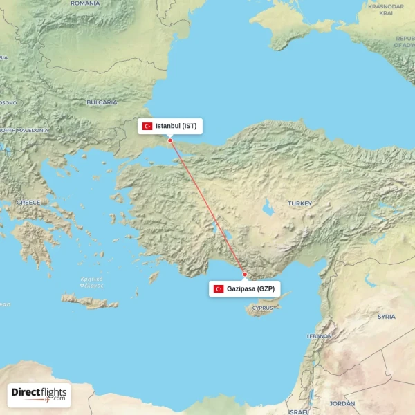 Gazipasa - Istanbul direct flight map