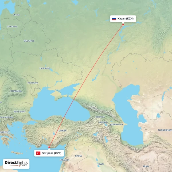 Gazipasa - Kazan direct flight map