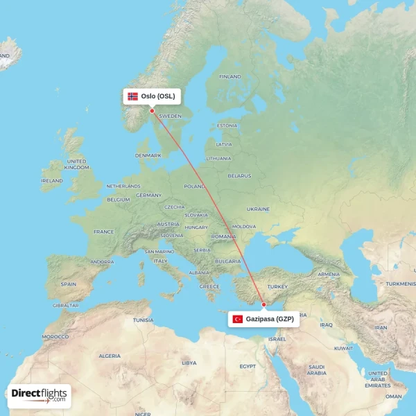 Gazipasa - Oslo direct flight map