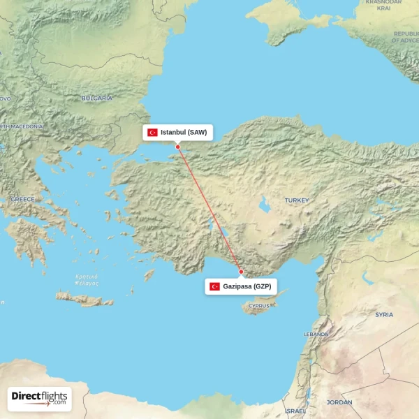 Gazipasa - Istanbul direct flight map