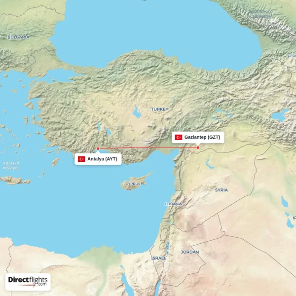 Gaziantep - Antalya direct flight map