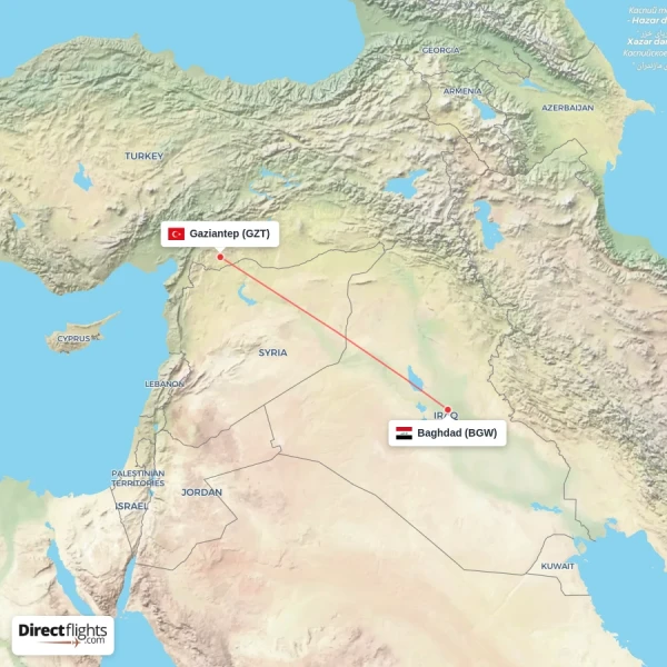 Gaziantep - Baghdad direct flight map