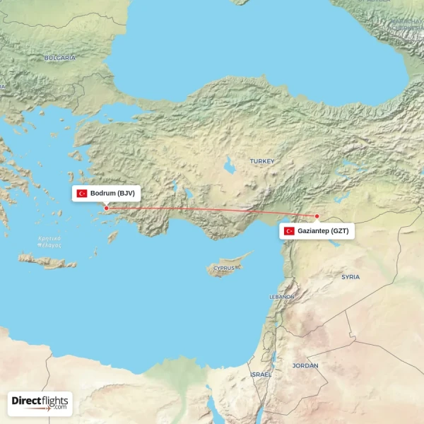 Gaziantep - Bodrum direct flight map