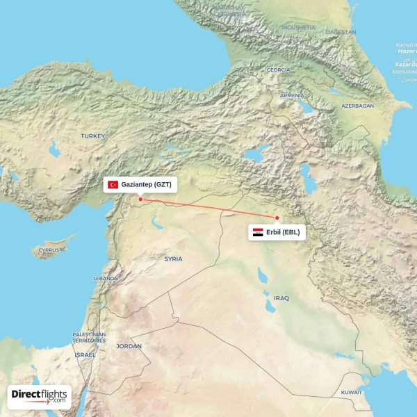 Gaziantep - Erbil direct flight map