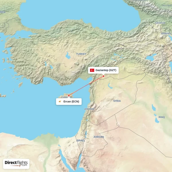 Gaziantep - Ercan direct flight map