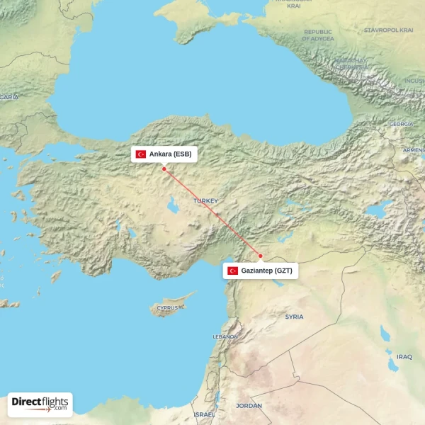 Gaziantep - Ankara direct flight map