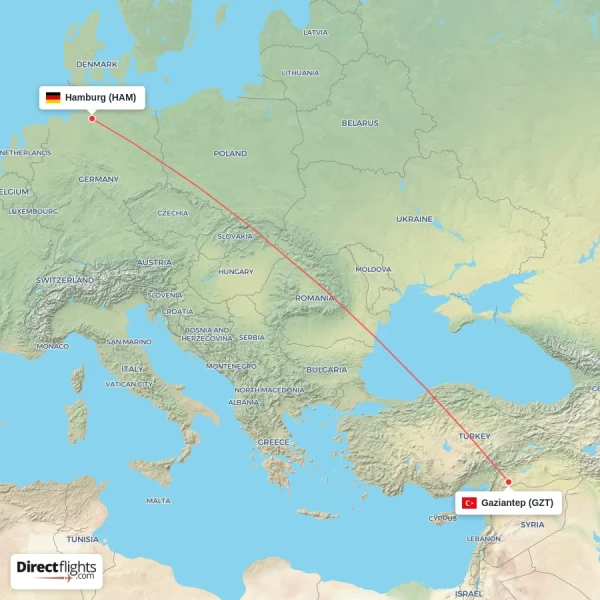 Gaziantep - Hamburg direct flight map