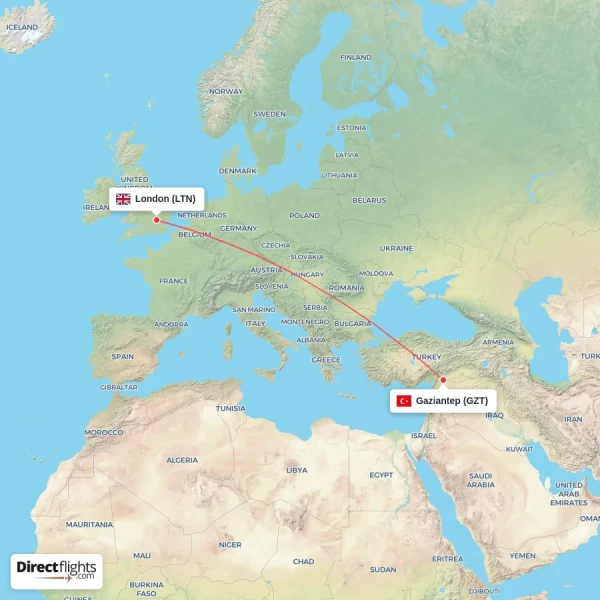 Gaziantep - London direct flight map