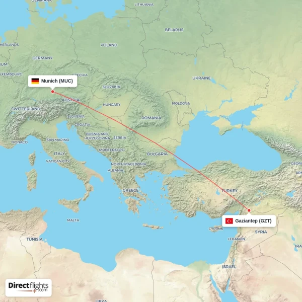 Gaziantep - Munich direct flight map