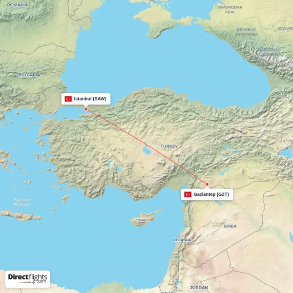 Gaziantep - Istanbul direct flight map