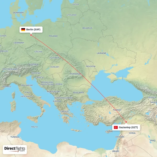 Gaziantep - Berlin direct flight map