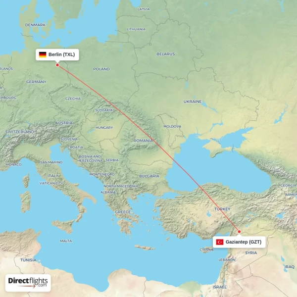 Gaziantep - Berlin direct flight map